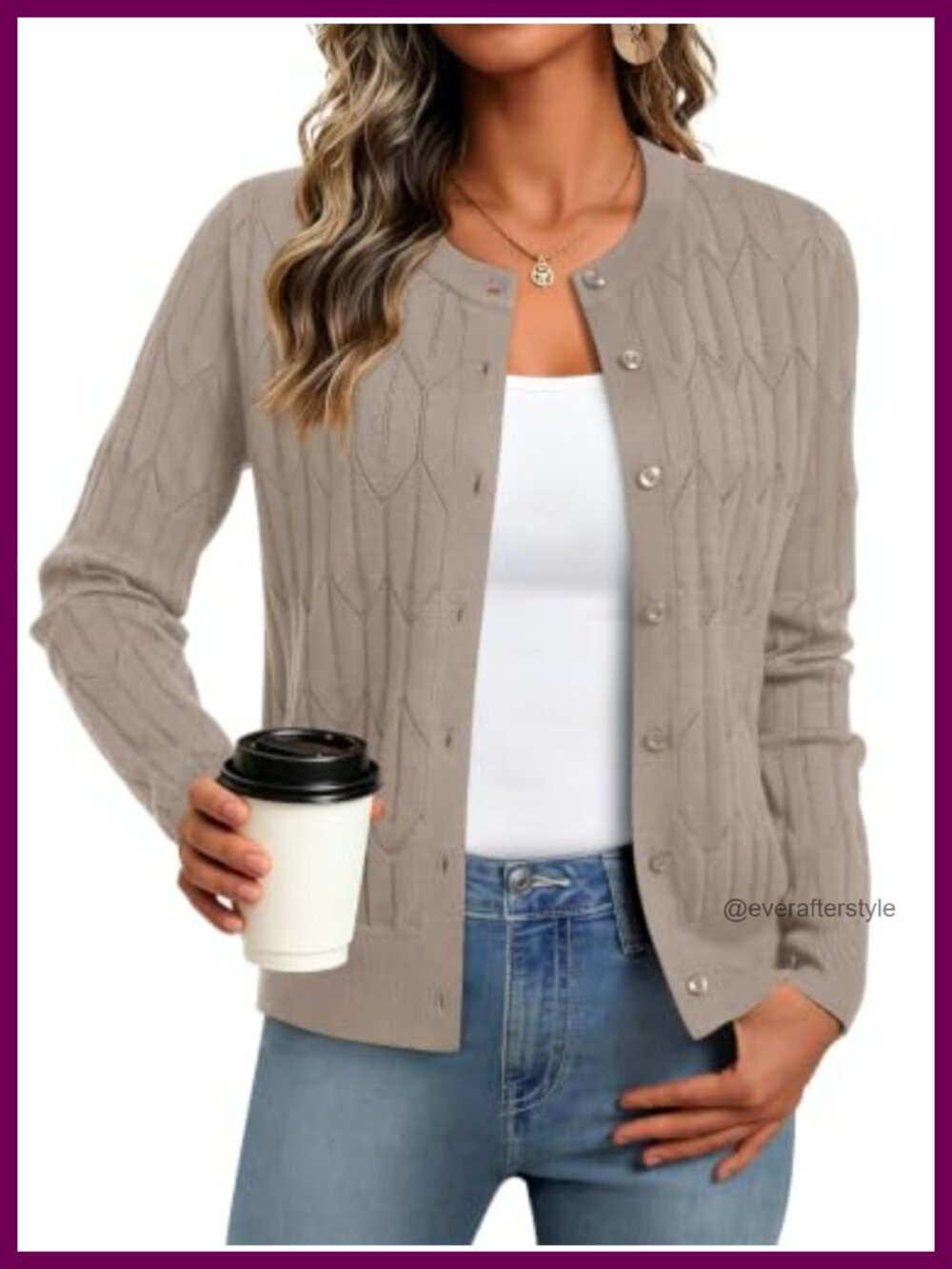 Cable Knit Cardigan Sweater Button Up Crewneck Fall Winter